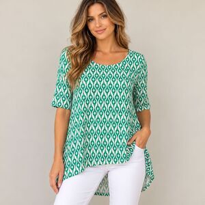 Chico's Green White Geometric Ikat Print Hi Low Swing Tunic Top Size 1 US 8-10
